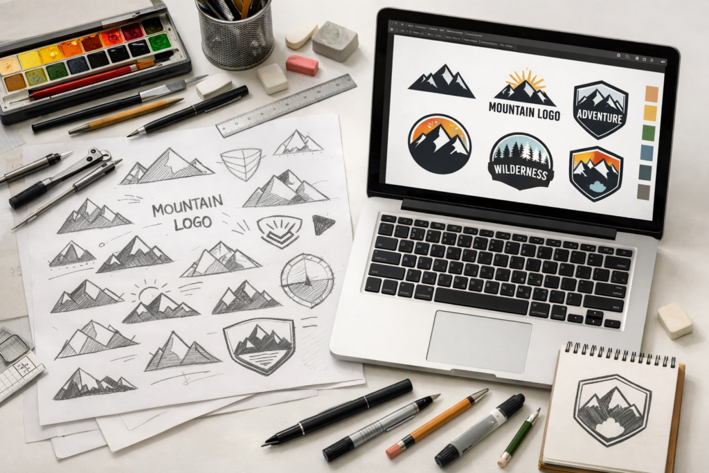 Logo creation process starting from sketch on the paper and following with digital version on the computer